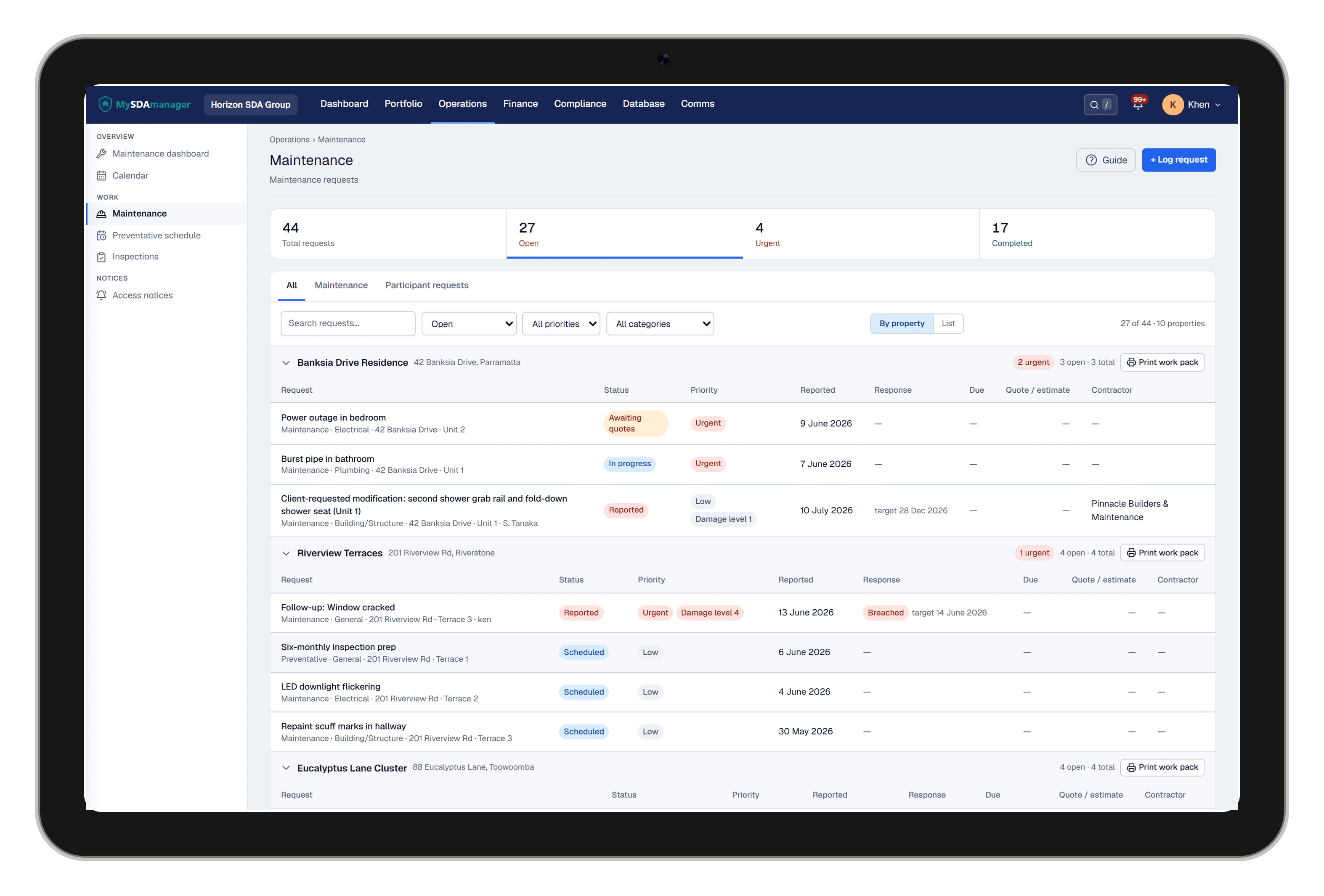 Operations and inspections on a tablet